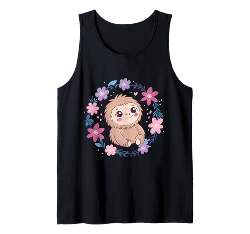 Niedlicher Baby-Bigfoot sitzt im Blumenkranz Tank Top von Adorable Bigfoot Sasquatch Graphic