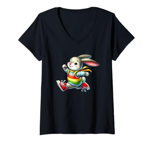 Damen Happy Bunny Jump Day Regenbogenabenteuer T-Shirt mit V-Ausschnitt Damen Happy Bunny Jump Day Regenbogenabenteuer T-Shirt mit V-Ausschnitt von Adorable Bunny Rainbow Outfit Fun Hop