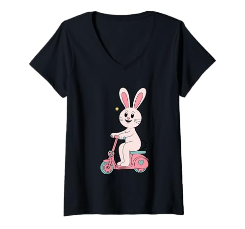 Damen Bunny Riding Scooter mit Herzakzenten T-Shirt mit V-Ausschnitt Damen Bunny Riding Scooter mit Herzakzenten T-Shirt mit V-Ausschnitt von Adorable Bunny Riding Scooter Cutely