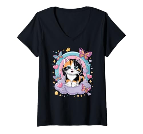 Damen Niedliches Calico Kätzchen Schmetterlinge Herzen Regenbogen T-Shirt mit V-Ausschnitt von Adorable Calico Herzen Fantasy Katze Mädchen