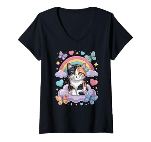 Damen Niedliches Calico Kätzchen Schmetterlinge Herzen Regenbogen T-Shirt mit V-Ausschnitt von Adorable Calico Herzen Fantasy Katze Mädchen