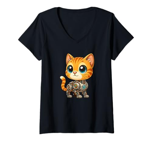 Damen Niedliches Cartoon-Katzen-Cyborg-Roboter-Mech-Design T-Shirt mit V-Ausschnitt von Adorable Cat Robot Mech Cartoon Designs
