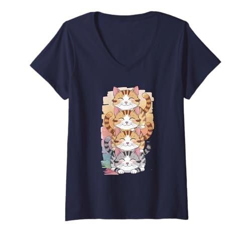 Damen Niedliche Katzen gestapelt verspielte Kätzchen T-Shirt mit V-Ausschnitt Damen Niedliche Katzen gestapelt verspielte Kätzchen T-Shirt mit V-Ausschnitt von Adorable Cat Stack Feline Lovers
