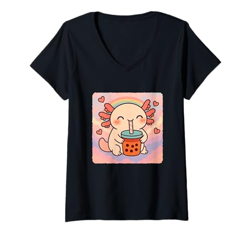 Damen Axolotl Bubble Tea Lover, niedlicher Anime-Kawaii, Regenbogen T-Shirt mit V-Ausschnitt von Adorable Chibi Boba Tea Japanese Manga Hearts Love