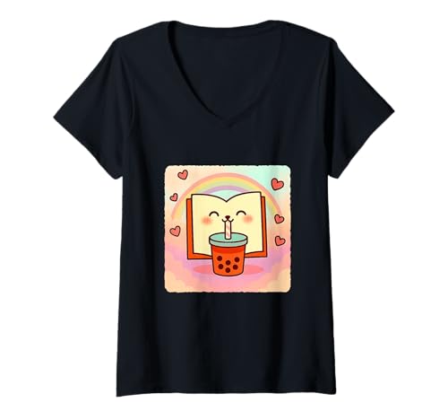 Damen Buch Bubble Tea Lover Cute Anime Kawaii Regenbogen T-Shirt mit V-Ausschnitt von Adorable Chibi Boba Tea Japanese Manga Hearts Love