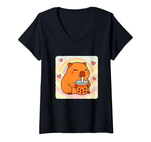 Damen Capybara Bubble Tea Lover, niedlicher Anime-Kawaii-Regenbogen T-Shirt mit V-Ausschnitt von Adorable Chibi Boba Tea Japanese Manga Hearts Love