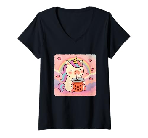 Damen Einhorn Bubble Tea Lover Cute Anime Kawaii Regenbogen T-Shirt mit V-Ausschnitt von Adorable Chibi Boba Tea Japanese Manga Hearts Love