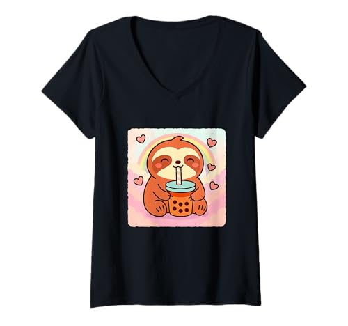 Damen Faultier Bubble Tea Lover Cute Anime Kawaii Regenbogen T-Shirt mit V-Ausschnitt von Adorable Chibi Boba Tea Japanese Manga Hearts Love