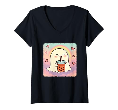 Damen Ghost Bubble Tea Lover, niedlicher Anime-Kawaii-Regenbogen T-Shirt mit V-Ausschnitt von Adorable Chibi Boba Tea Japanese Manga Hearts Love