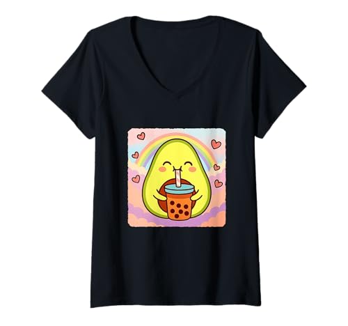 Damen Netter Anime-Kawaii-Regenbogen für Liebhaber von Avocado Bubble Tea T-Shirt mit V-Ausschnitt von Adorable Chibi Boba Tea Japanese Manga Hearts Love