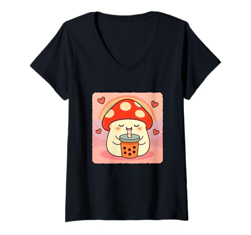 Damen Pilz Bubble Tea Lover Cute Anime Kawaii Regenbogen T-Shirt mit V-Ausschnitt von Adorable Chibi Boba Tea Japanese Manga Hearts Love