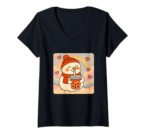 Damen Schneemann Bubble Tea Lover Cute Anime Kawaii Regenbogen T-Shirt mit V-Ausschnitt von Adorable Chibi Boba Tea Japanese Manga Hearts Love