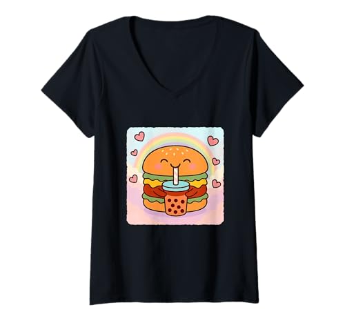 Damen Süßer Anime-Kawaii-Regenbogen für Liebhaber von Burger Bubble Tea T-Shirt mit V-Ausschnitt von Adorable Chibi Boba Tea Japanese Manga Hearts Love