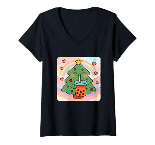 Damen Weihnachtsbaum Bubble Tea Lover Cute Anime Kawaii Regenbogen T-Shirt mit V-Ausschnitt von Adorable Chibi Boba Tea Japanese Manga Hearts Love