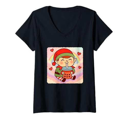 Damen Weihnachtself Bubble Tea Lover Cute Anime Kawaii Regenbogen T-Shirt mit V-Ausschnitt von Adorable Chibi Boba Tea Japanese Manga Hearts Love