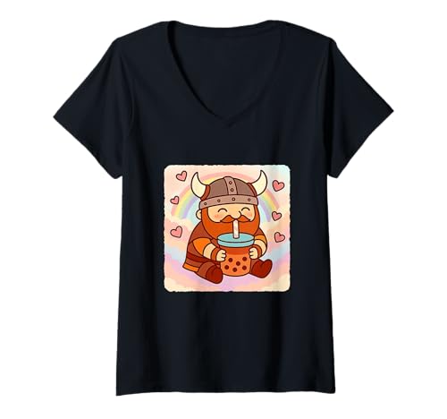 Damen Wikinger Bubble Tea Lover Cute Anime Kawaii Regenbogen T-Shirt mit V-Ausschnitt von Adorable Chibi Boba Tea Japanese Manga Hearts Love