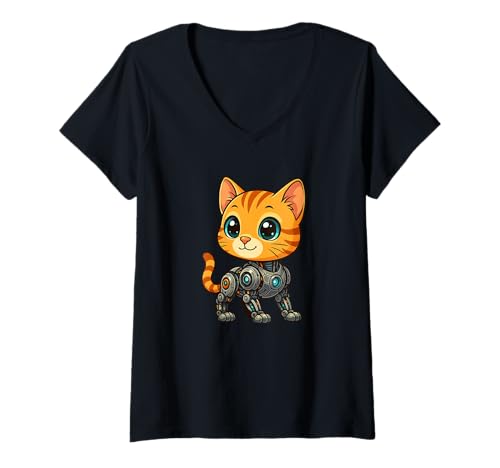 Damen Niedliche Katze Roboter Cartoon Mech Tier Design T-Shirt mit V-Ausschnitt Damen Niedliche Katze Roboter Cartoon Mech Tier Design T-Shirt mit V-Ausschnitt von Adorable Cyborg Cat Cartoons