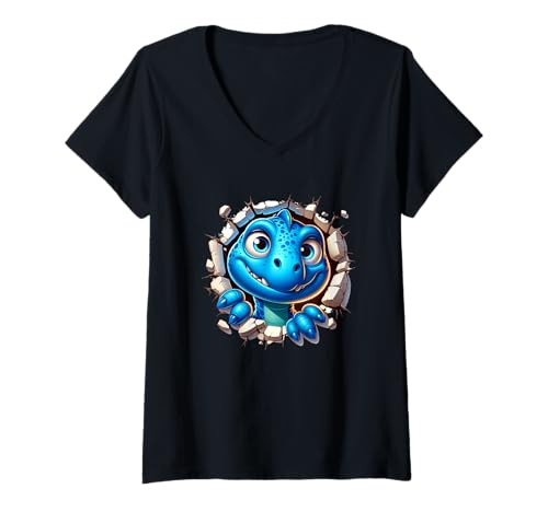 Damen Niedlicher Dinosaurier, der durch die Wand bricht T-Shirt mit V-Ausschnitt Damen Niedlicher Dinosaurier, der durch die Wand bricht T-Shirt mit V-Ausschnitt von Adorable Dinosaur Kids Fantasy World