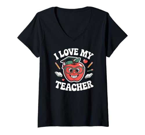 Damen I Love My Teacher Niedliches Apfel-Cartoon-Design T-Shirt mit V-Ausschnitt Damen I Love My Teacher Niedliches Apfel-Cartoon-Design T-Shirt mit V-Ausschnitt von Adorable Educational Appreciation Statement