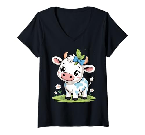 Damen Niedliche Kawaii-Kuh-Baby mit Schleife Cartoon-Tierkunst T-Shirt mit V-Ausschnitt Damen Niedliche Kawaii-Kuh-Baby mit Schleife Cartoon-Tierkunst T-Shirt mit V-Ausschnitt von Adorable Farm Animal Kawaii Cow Gifts & Apparel
