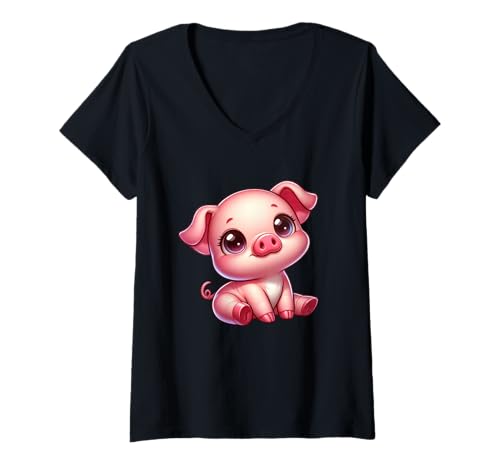 Damen Niedliches Kawaii-Cartoon-Ferkel sitzend T-Shirt mit V-Ausschnitt Damen Niedliches Kawaii-Cartoon-Ferkel sitzend T-Shirt mit V-Ausschnitt von Adorable Farm Animals