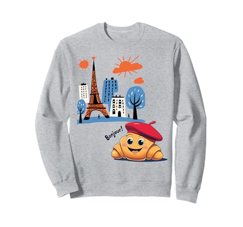 Kinder Paris Frankreich Croissant mit Baskenmütze Hello im französischen Turm Sweatshirt von Adorable French Pastry Children's Souvenirs France