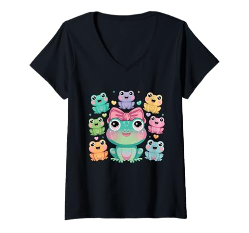 Damen Entzückende Froschfamilie mit Schleifen-Herzen T-Shirt mit V-Ausschnitt Damen Entzückende Froschfamilie mit Schleifen-Herzen T-Shirt mit V-Ausschnitt von Adorable Frog Family Cute Amphibians