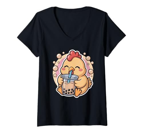 Damen Chicken Boba Tea Bubble Tea Anime Kawaii T-Shirt mit V-Ausschnitt Damen Chicken Boba Tea Bubble Tea Anime Kawaii T-Shirt mit V-Ausschnitt von Adorable Funny Kawaii Chicken Bubble Tea