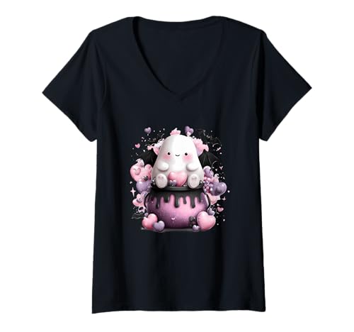 Damen Entzückender Geisterfledermaus-Herz-Kessel Halloween Magie T-Shirt mit V-Ausschnitt Damen Entzückender Geisterfledermaus-Herz-Kessel Halloween Magie T-Shirt mit V-Ausschnitt von Adorable Ghost Bat Cute Hearts Halloween Charm