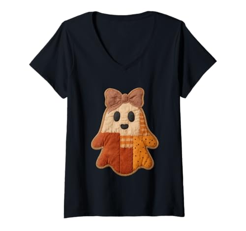 Damen Niedliches Patchwork-Geist mit Schleife T-Shirt mit V-Ausschnitt von Adorable Ghost Halloween Patchwork