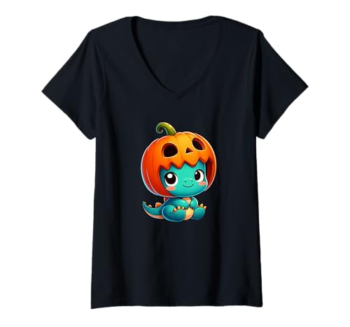 Damen Süßer Halloween Dino T-Rex in Kürbishut T-Shirt mit V-Ausschnitt Damen Süßer Halloween Dino T-Rex in Kürbishut T-Shirt mit V-Ausschnitt von Adorable Halloween Dinosaur Designs