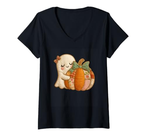 Damen Süßer Geister-Umarmung Patchwork Kürbis mit Schleife T-Shirt mit V-Ausschnitt Damen Süßer Geister-Umarmung Patchwork Kürbis mit Schleife T-Shirt mit V-Ausschnitt von Adorable Halloween Ghost Pumpkin Patchwork
