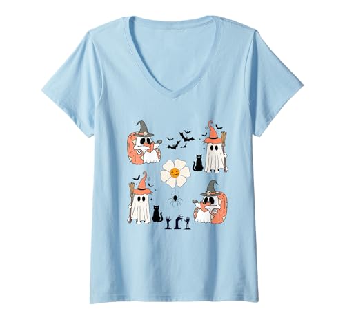 Damen Cute Pumpkin Ghost Boo Cat Bats Pattern Halloween T-Shirt mit V-Ausschnitt Damen Cute Pumpkin Ghost Boo Cat Bats Pattern Halloween T-Shirt mit V-Ausschnitt von Adorable Halloween Spooky Ghosts Cats Bats Pattern