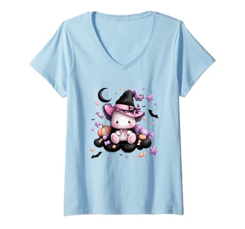 Damen Niedliche Hexe Häschen Halloween Magische Kürbissterne T-Shirt mit V-Ausschnitt von Adorable Halloween Witch Bunny Cute Pumpkin Stars