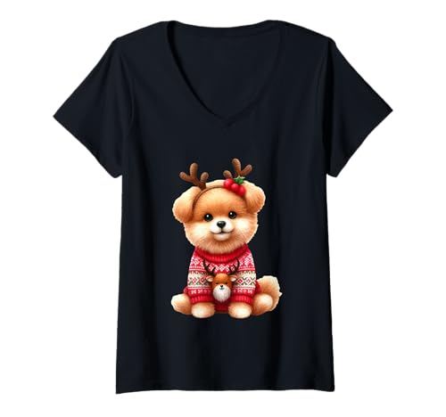Damen Süßer Welpe im Rentier Pullover Weihnachten Vibes T-Shirt mit V-Ausschnitt von Adorable Holiday Puppy Festive Cheer