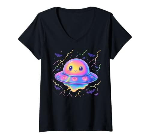 Damen Kawaii Regenbogen UFO Alien niedlich Pastell Goth Ästhetik T-Shirt mit V-Ausschnitt Damen Kawaii Regenbogen UFO Alien niedlich Pastell Goth Ästhetik T-Shirt mit V-Ausschnitt von Adorable Kawaii Alien Bat Rainbow Galaxy Apparel