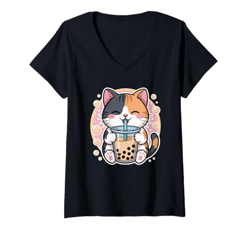 Damen Calico Cat Boba Tea Bubble Tea Anime Kawaii Neko T-Shirt mit V-Ausschnitt Damen Calico Cat Boba Tea Bubble Tea Anime Kawaii Neko T-Shirt mit V-Ausschnitt von Adorable Kawaii Funny Cute Bubble Tea Cat