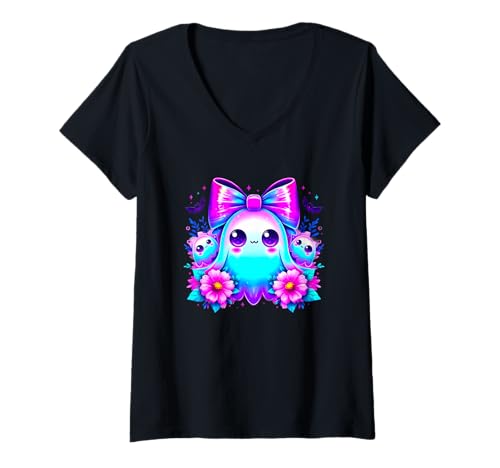 Damen Niedliche Kawaii-Geister mit Schleife und Blumen T-Shirt mit V-Ausschnitt Damen Niedliche Kawaii-Geister mit Schleife und Blumen T-Shirt mit V-Ausschnitt von Adorable Kawaii Ghosts Fantasy World Charm