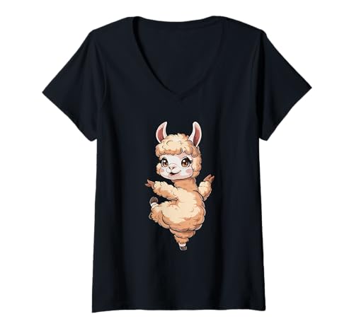 Damen Niedlicher Lama, Tanzender Cartoon-Spaß T-Shirt mit V-Ausschnitt Damen Niedlicher Lama, Tanzender Cartoon-Spaß T-Shirt mit V-Ausschnitt von Adorable Llama Dance Kawaii Animation