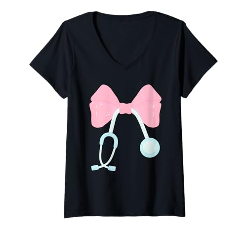 Damen Süße Krankenschwester Kokette Schleife Stethoskop Medizinisch Ästhetik T-Shirt mit V-Ausschnitt von Adorable Nurse for Women Medical Students Tees