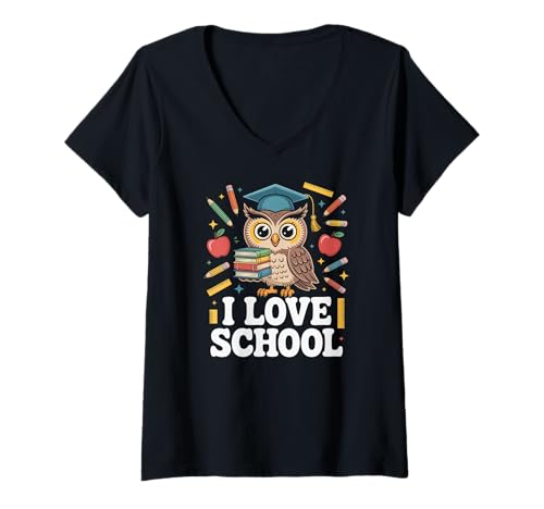 Damen I Love School Adorable Eule mit Büchern T-Shirt mit V-Ausschnitt von Adorable Owl Graduation Theme Back To School