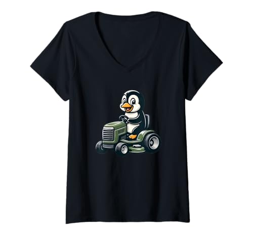 Damen Niedlicher Pinguin auf Rasenmäher, Cartoon-Garten T-Shirt mit V-Ausschnitt Damen Niedlicher Pinguin auf Rasenmäher, Cartoon-Garten T-Shirt mit V-Ausschnitt von Adorable Penguin Landscape Gardener Designs