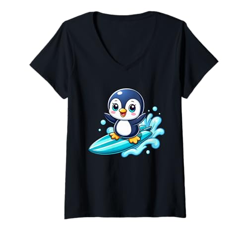 Damen Niedlicher Pinguin Surfer Kawaii Sommer Wellen T-Shirt mit V-Ausschnitt Damen Niedlicher Pinguin Surfer Kawaii Sommer Wellen T-Shirt mit V-Ausschnitt von Adorable Penguin Surfing Cartoon Water