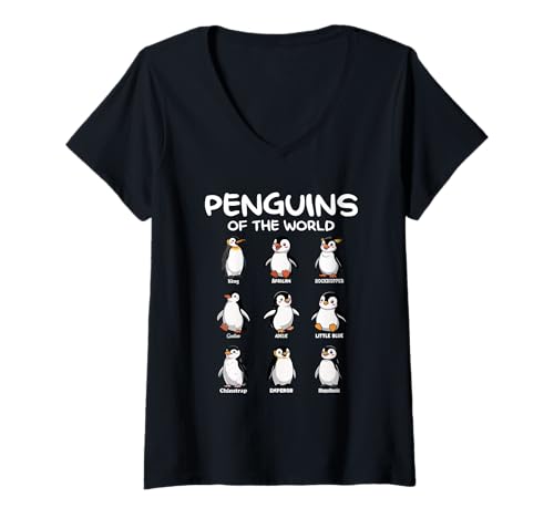 Damen Penguins of The World Cute Funny Educational Animal T-Shirt mit V-Ausschnitt von Adorable Pinguin Species Nature Lover