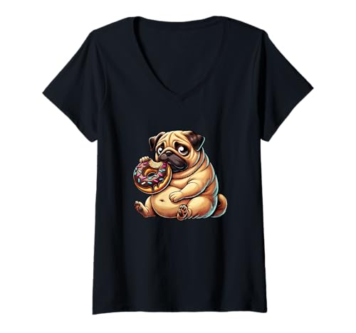 Damen Niedlicher Mops isst Donut süßer Cartoon-Spaß T-Shirt mit V-Ausschnitt von Adorable Pug Donut Lovers Cute Designs