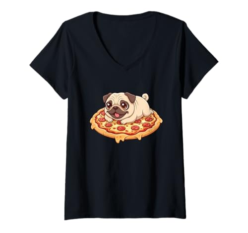 Damen Niedlicher Mops Pizza-Liebhaber Cartoons Lustiger Feinschmecker T-Shirt mit V-Ausschnitt Damen Niedlicher Mops Pizza-Liebhaber Cartoons Lustiger Feinschmecker T-Shirt mit V-Ausschnitt von Adorable Pug Pizza Cartoon Lovers Designs