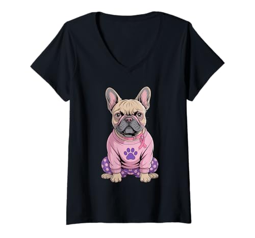 Damen Niedlicher Schlafanzug mit französischer Bulldogge, rosa Brustkrebsband T-Shirt mit V-Ausschnitt Damen Niedlicher Schlafanzug mit französischer Bulldogge, rosa Brustkrebsband T-Shirt mit V-Ausschnitt von Adorable Pup Pajama Outfit Awareness Pet Lovers