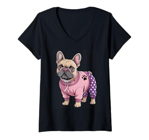 Damen Niedlicher Schlafanzug mit französischer Bulldogge, rosa Brustkrebsband T-Shirt mit V-Ausschnitt Damen Niedlicher Schlafanzug mit französischer Bulldogge, rosa Brustkrebsband T-Shirt mit V-Ausschnitt von Adorable Pup Pajama Outfit Awareness Pet Lovers