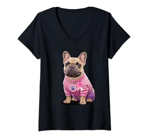 Damen Niedlicher Schlafanzug mit französischer Bulldogge, rosa Brustkrebsband T-Shirt mit V-Ausschnitt Damen Niedlicher Schlafanzug mit französischer Bulldogge, rosa Brustkrebsband T-Shirt mit V-Ausschnitt von Adorable Pup Pajama Outfit Awareness Pet Lovers