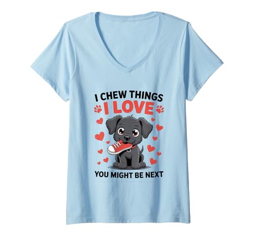 Damen Ich kaue Dinge, die ich Liebe Lustiger Hundeliebhaber T-Shirt mit V-Ausschnitt Damen Ich kaue Dinge, die ich Liebe Lustiger Hundeliebhaber T-Shirt mit V-Ausschnitt von Adorable Puppies Fun Pet Humor